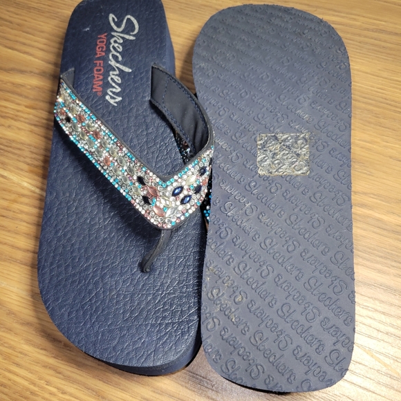 Skechers Women's Yoga Foam Flip Flop Wedge Sandals Blue Navy size 9 - Picture 4 of 4